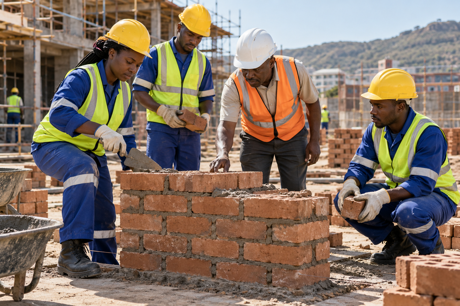 Construction skills learners practising bricklaying